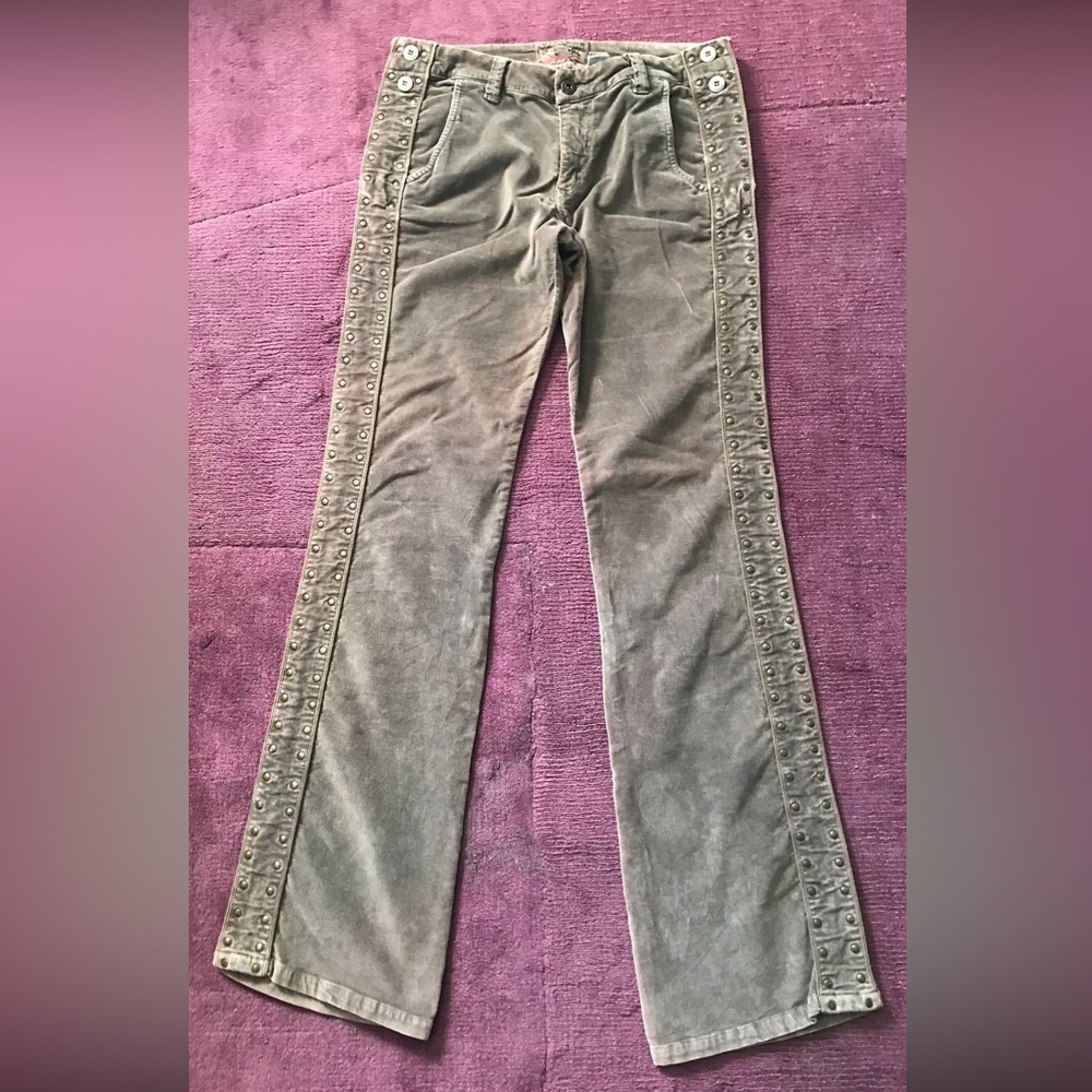 Brown Tone Stud-Trim Velvety Cotton Vintage Low waist pants